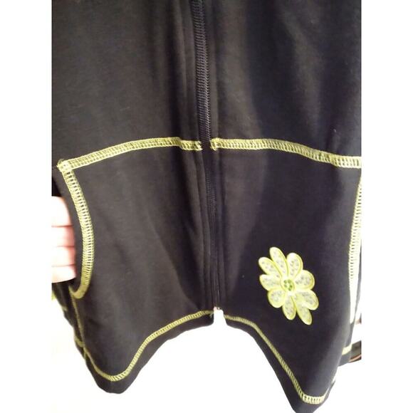 Quacker Factory Vest Cardigan Full Zip Black Green Flower Pocket Sz M - Picture 3 of 6